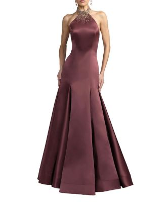  Beaded Satin Collared Neck Sleeveless Godet Gown