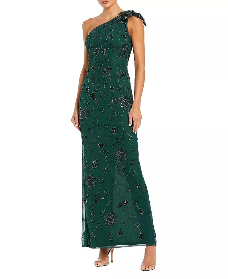 Mac Duggal Floral Embellished One Shoulder Fitted Gown