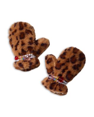 Girls' Jungle Leopard Faux Fur Jeweled Mittens - Ages 3+