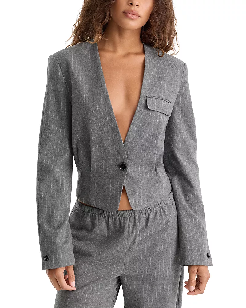 Good American The Collarless Pinstriped One Button Blazer