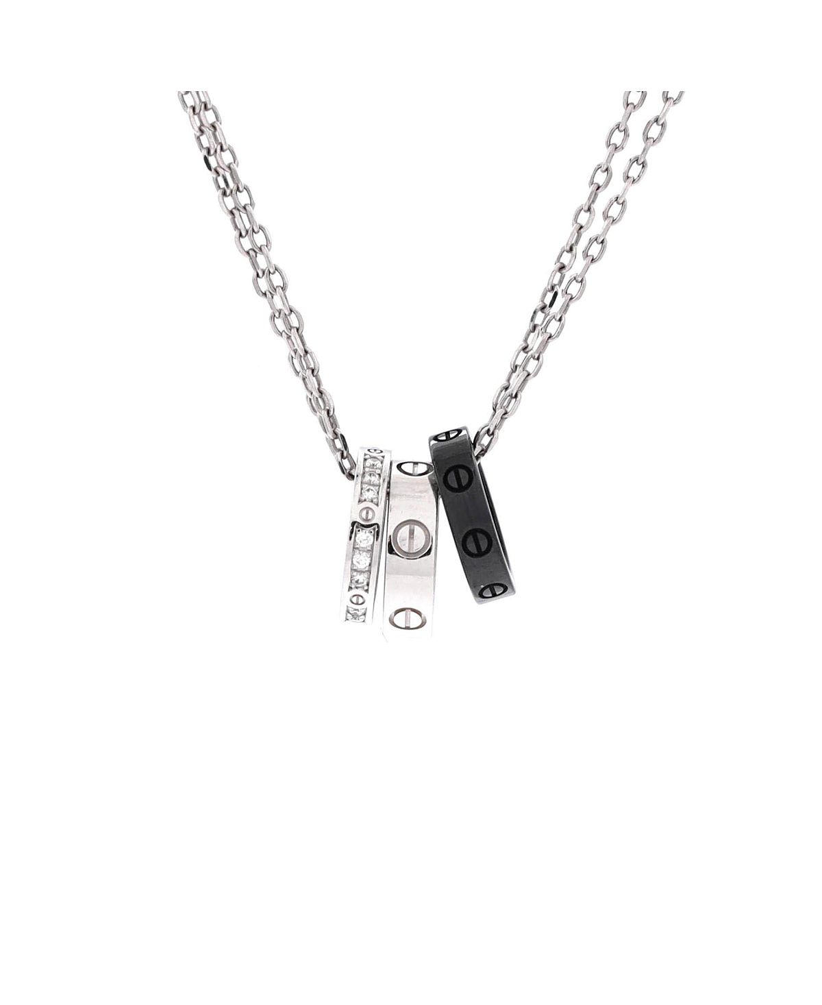 Pre-Owned Cartier Love 3 Ring Pendant Necklace 18K White Gold and Ceramic with Diamonds