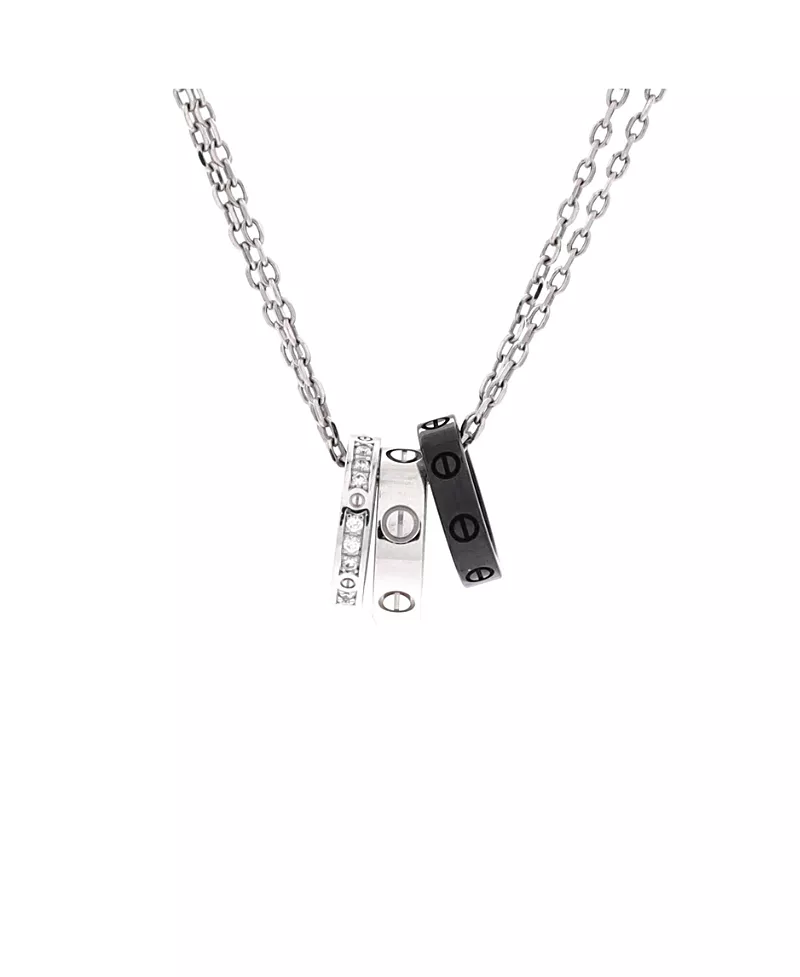 Pre-Owned Cartier Love 3 Ring Pendant Necklace 18K White Gold and Ceramic with Diamonds, 14.9