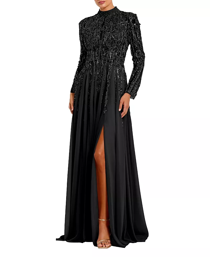 Mac Duggal Petite Long Sleeve High Neck Embellished Satin Gown
