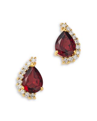 Diamond & Garnet Pear Shaped Stud Earrings in 14K Yellow Gold, 0.3 tcw