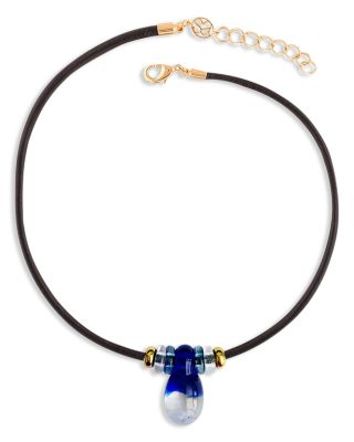Glass Buoy Leather Cord Pendant Necklace, 13.39-14.76"