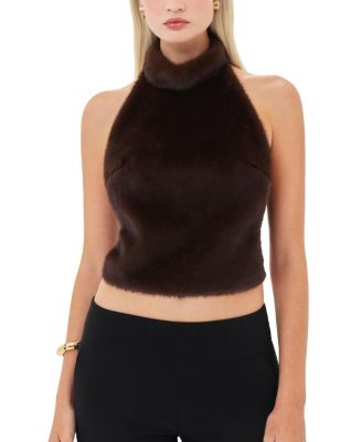  Xeriah Faux Mink Fur Backless Halter Top