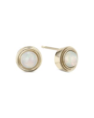 10K Yellow Gold Opal October Birthstone Bezel Stud Earrings
