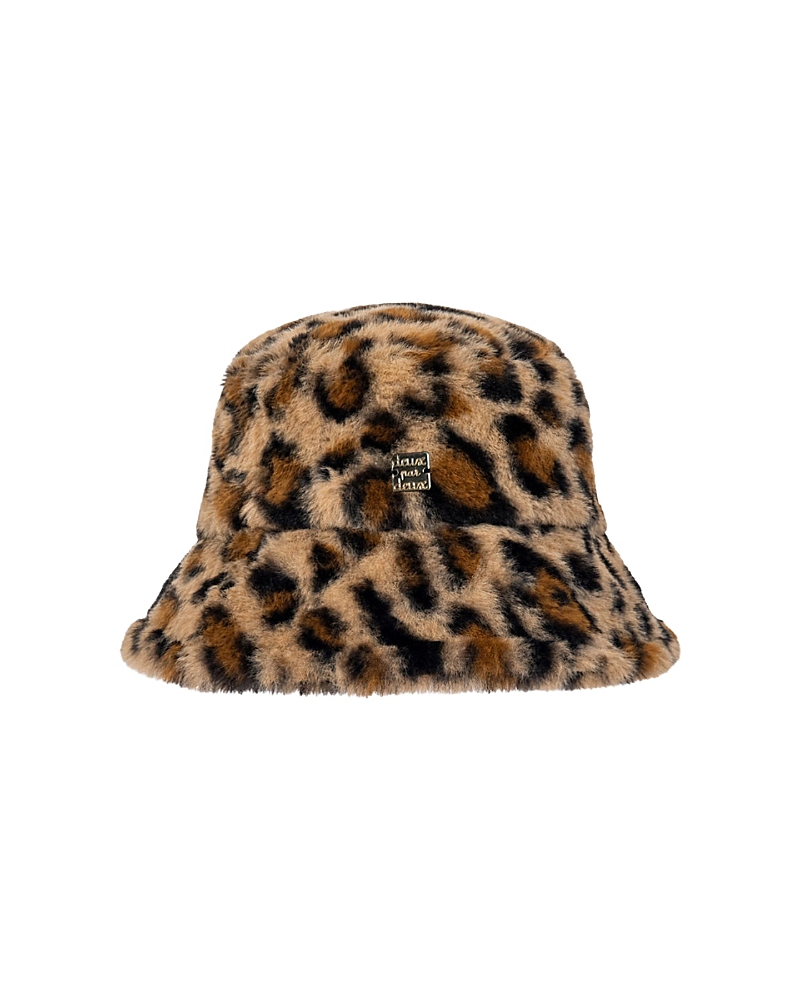 Deux par Deux Girls' Leopard Faux Fur Sateen Lined Wide Brim Bucket Hat - Little Kid, Big Kid
