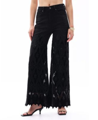Bayeas High Rise Wide Leg Lace Denim Jeans with Rhinestone in Black