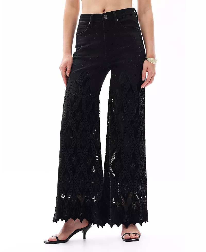 Bayeas High Rise Wide Leg Lace Denim Jeans with Rhinestone in Black