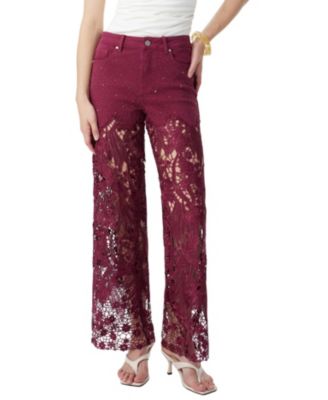  Embroidery High Rise Wide Leg Lace Jeans with Rhinestone in Wine