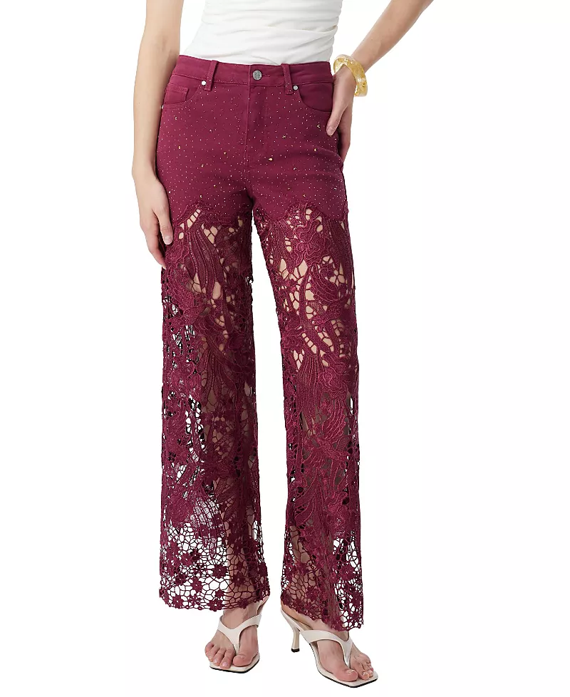 Bayeas Embroidery High Rise Wide Leg Lace Jeans with Rhinestone in Wine