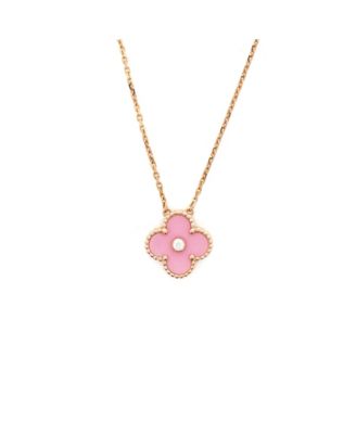  Vintage Alhambra Pendant Necklace 18K Rose Gold and Pink Sevres Porcelain with Diamond, 16.5"