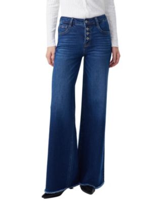  Mid Rise Women Wide Leg Denim Jeans Button Fly with Frayed Hem in Mirror