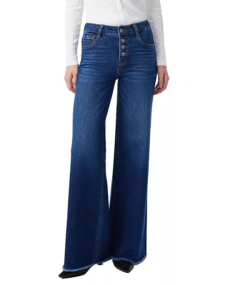 Bayeas Mid Rise Women Wide Leg Denim Jeans Button Fly with Frayed Hem in Mirror