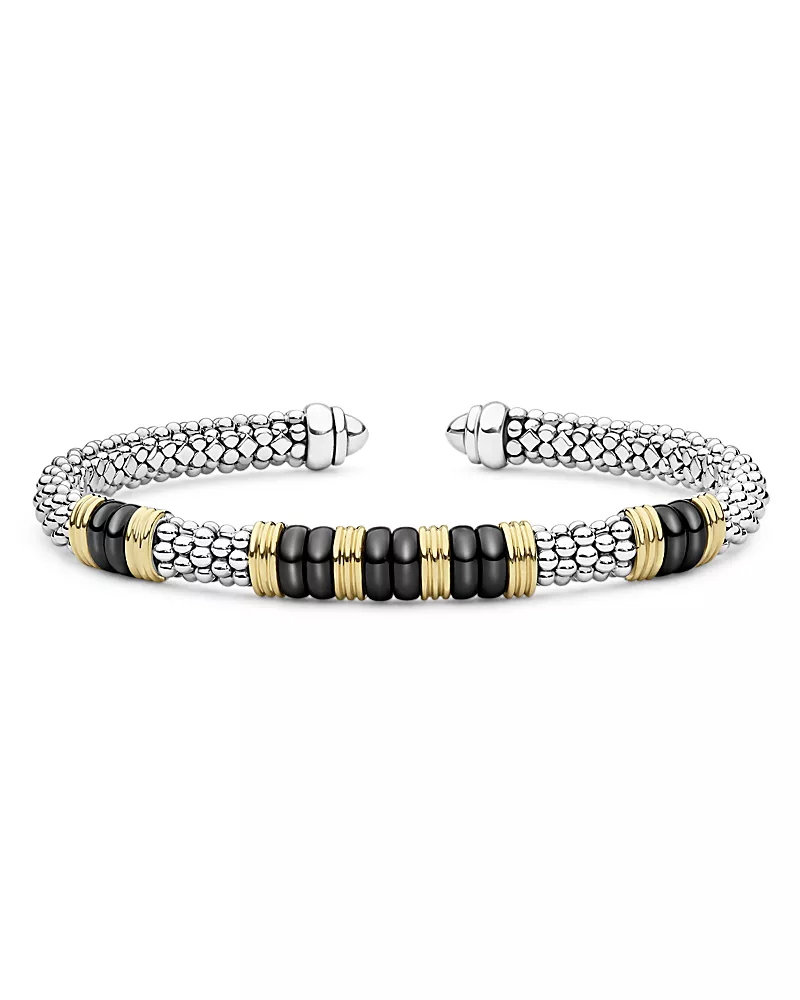 Lagos Sterling Silver & 18K Yellow Gold Blue Caviar Five Station Cuff Bracelet
