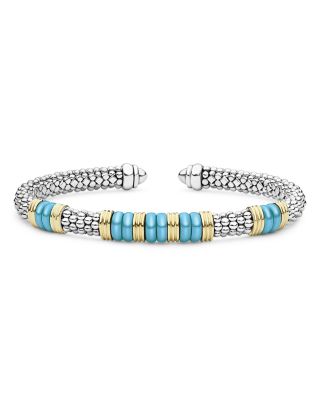 Sterling Silver & 18K Yellow Gold Blue Caviar Five Station Cuff Bracelet