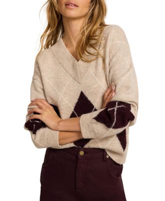 Women's Argyle Knit Jumper Pullover Sweater with Long Sleeve and V-Neck
