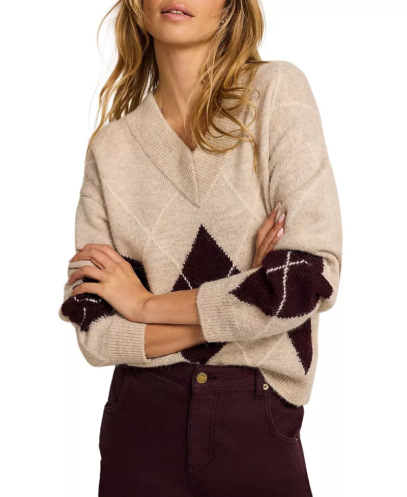 Mint Velvet Women's Argyle Knit Jumper Pullover Sweater with Long Sleeve and V-Neck
