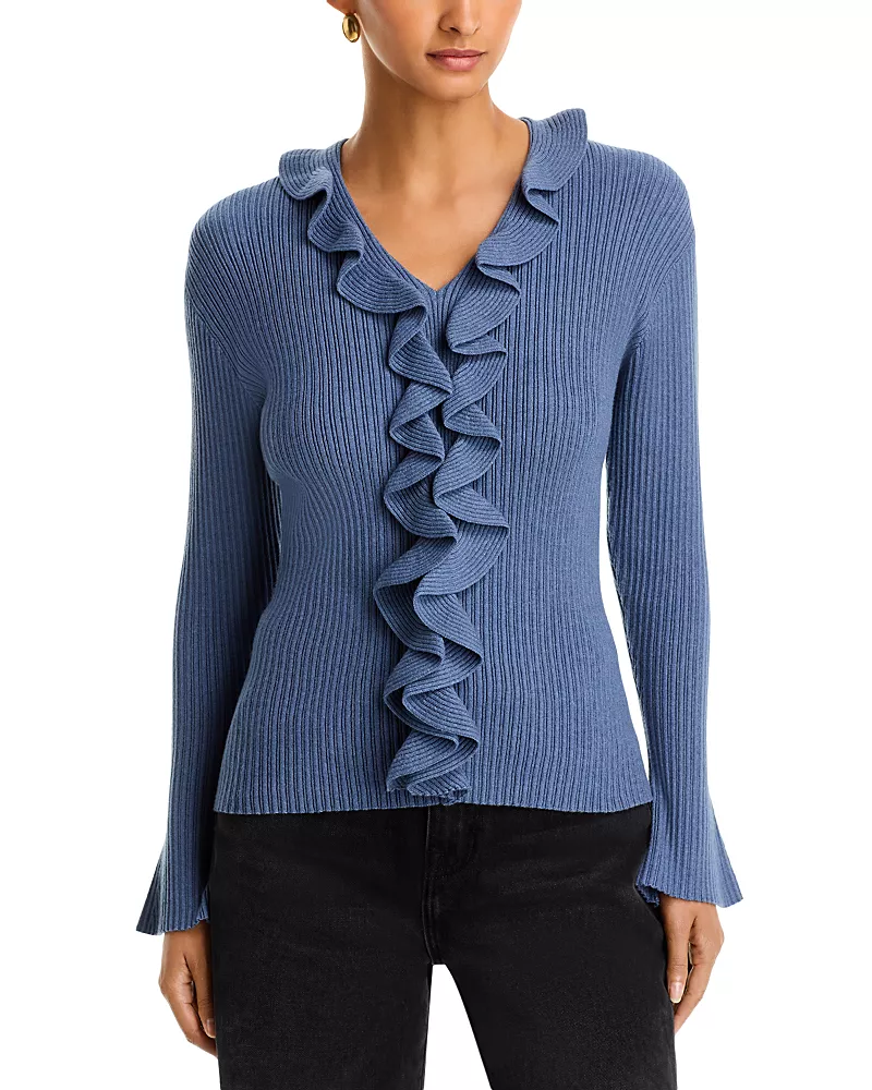 Sioni Ruffle Trim V Neck Sweater