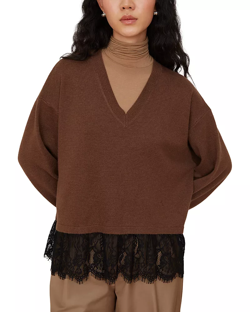 Jovonna London V Neck Lace Trim Sweater