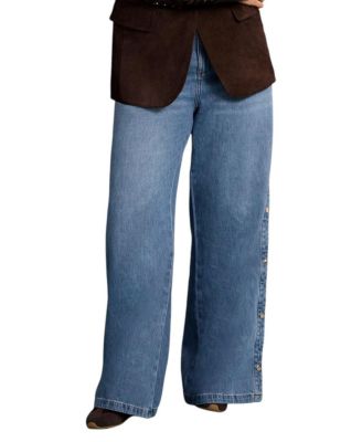  Women's Popper Detail Wide Jeans in Blue Wash