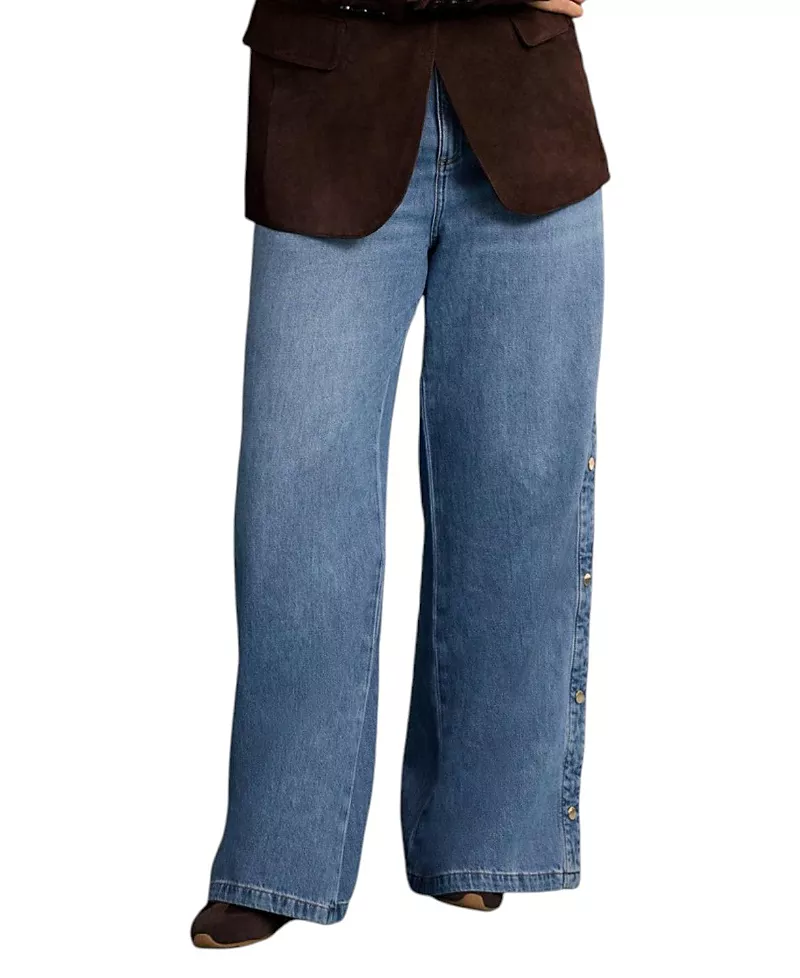 Mint Velvet Women's Popper Detail Wide Jeans in Blue Wash