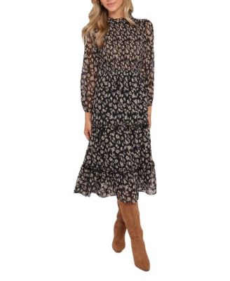  Edwina Shirred Frill Long Sleeve Midi Dress