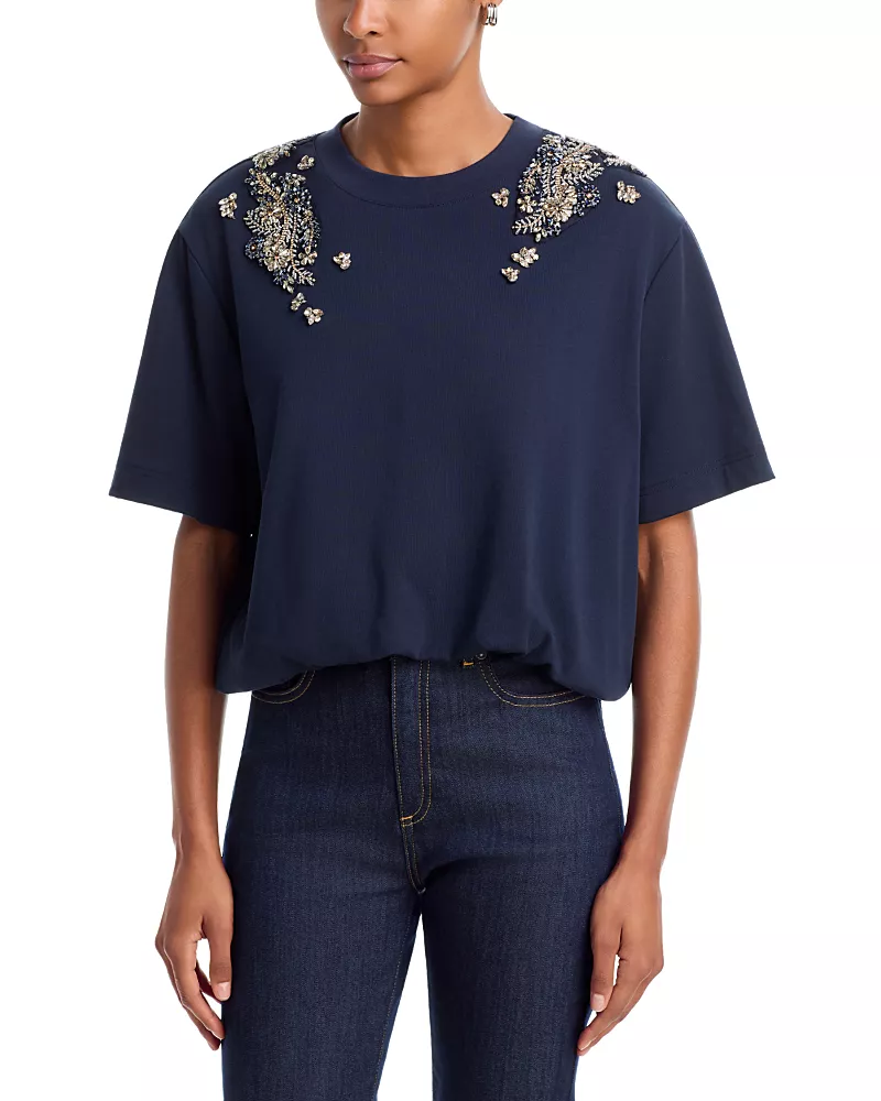 Cinq a Sept Davini Crystal Garden Beaded Cotton T-Shirt