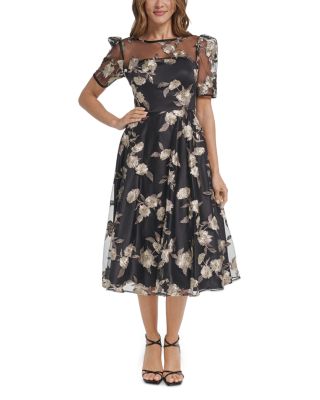 Embroidered Illusion Yoke Elbow Sleeve Dress