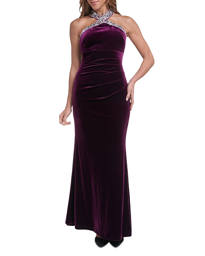 Eliza J Women's Embellished Halter Velvet Gown - BLACK