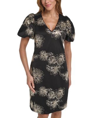 Metallic Floral Puff Sleeve Dress