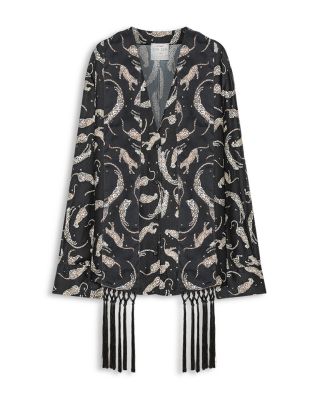 Royal Leopard Satin Fringed Scarf Blouse