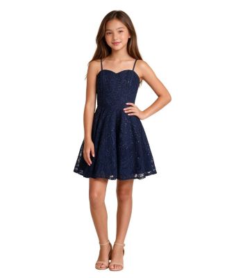 Un Deux Trois Girls' Fit and Flare Sequin Lacey Lace-Up Back Dress