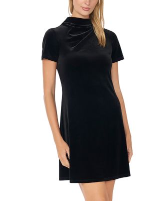 High Cowl Neck Pleat Shoulder Mini Dress