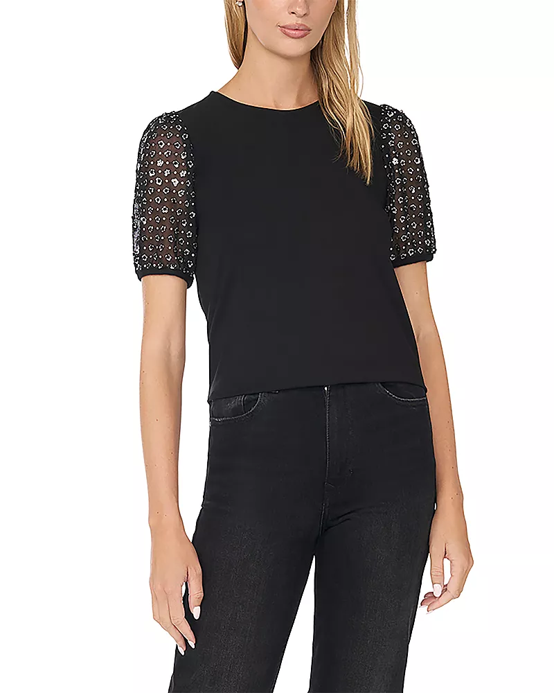 CeCe Sequin Mixed Media Top