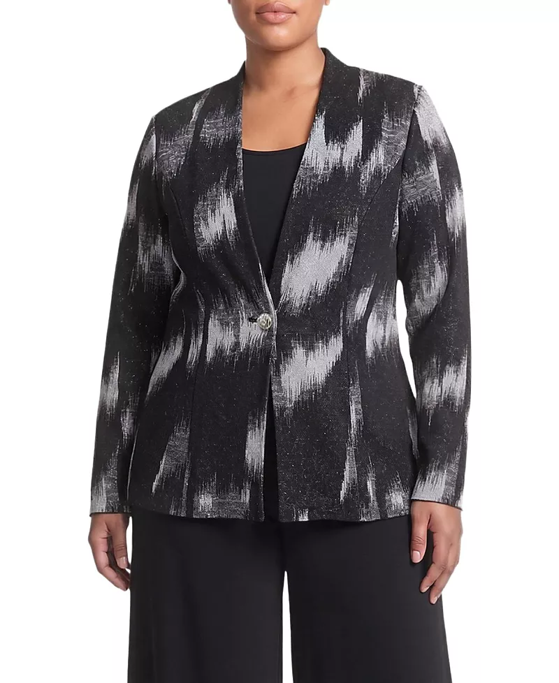 Ming Wang Plus Silver Lurex Jacquard Knit Jacket