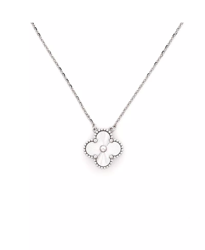 Pre-Owned Van Cleef & Arpels Vintage Alhambra Pendant Necklace Guilloche 18K White Gold
