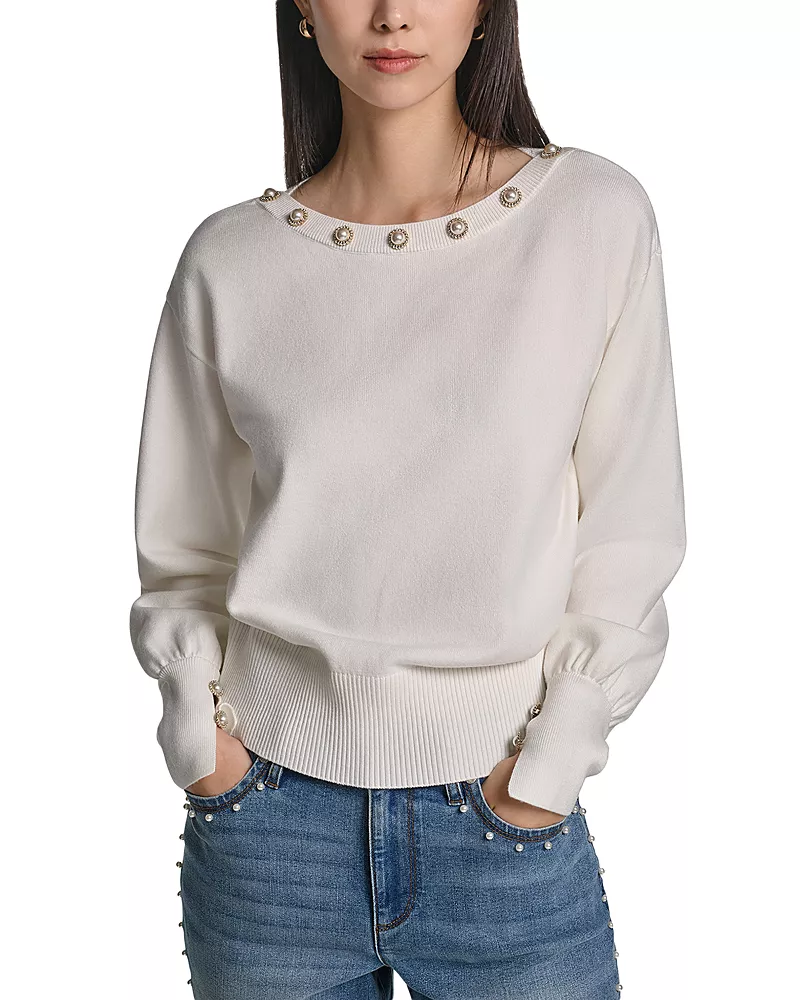 Karl Lagerfeld Paris Imitation Pearl Trim Boat Neck Sweater
