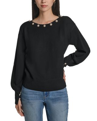 Imitation Pearl Trim Boat Neck Sweater
