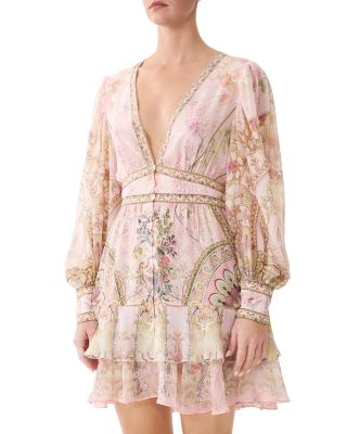 Printed Silk Button Front Frill Dress