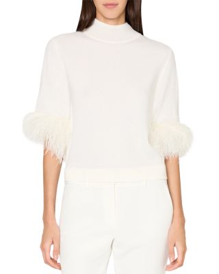 Feather Trim Short Sleeve Sweater