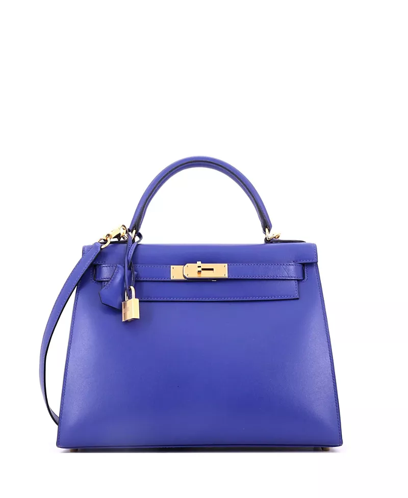 Pre-Owned HERMES Kelly 28 Handbag Blue Tadelakt with Gold Hardware