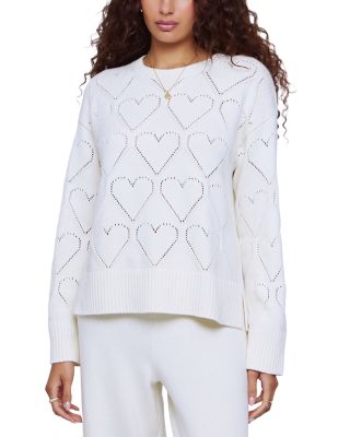 Cotton Blend Pointelle Heart Crewneck Sweater