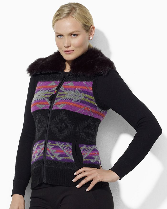 Ralph Lauren Plus Fair Isle Faux Fur Trim Vest Bloomingdale s