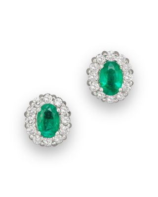 Bloomingdale's Fine Collection - Emerald and Diamond Oval Stud Earrings in 14K White Gold, .45 tcw&nbsp;
