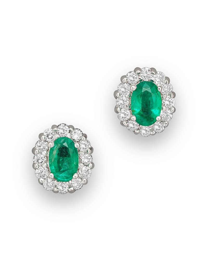 Emerald and Diamond Oval Stud Earrings in 14K White Gold