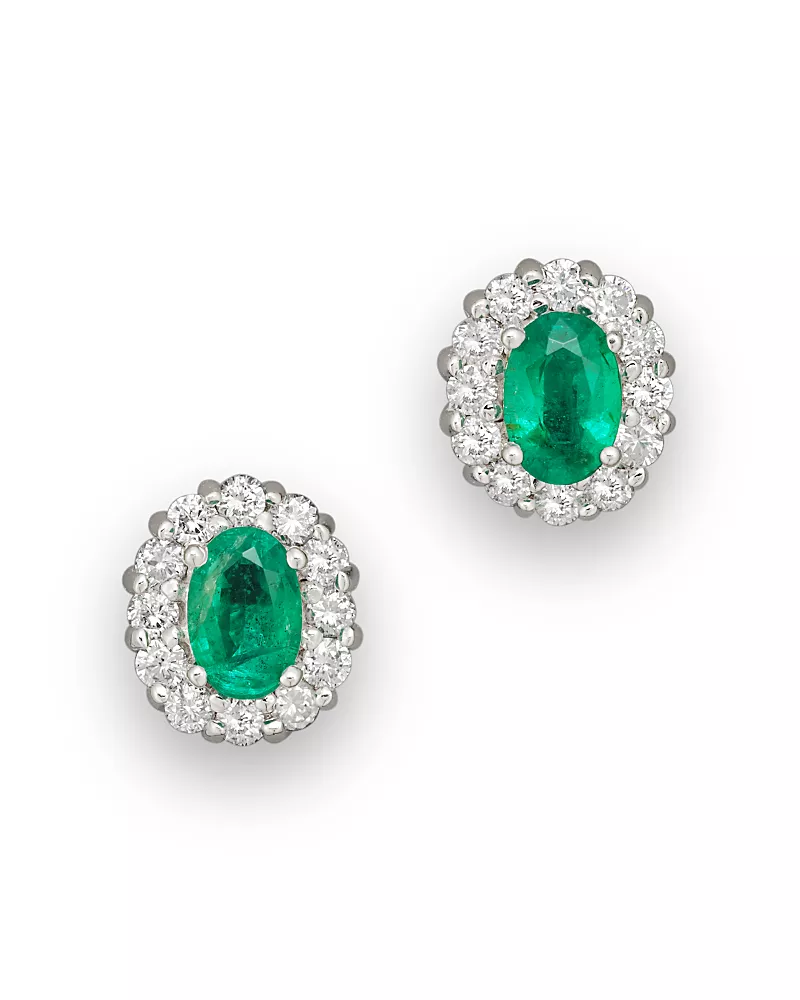 Emerald and Diamond Oval Stud Earrings in 14K White Gold