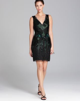 Aidan Mattox V Neck Contrast Beaded Dress Sleeveless