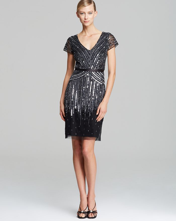 Adrianna Papell V Neck Beaded Dress Cap Sleeve Bloomingdale's